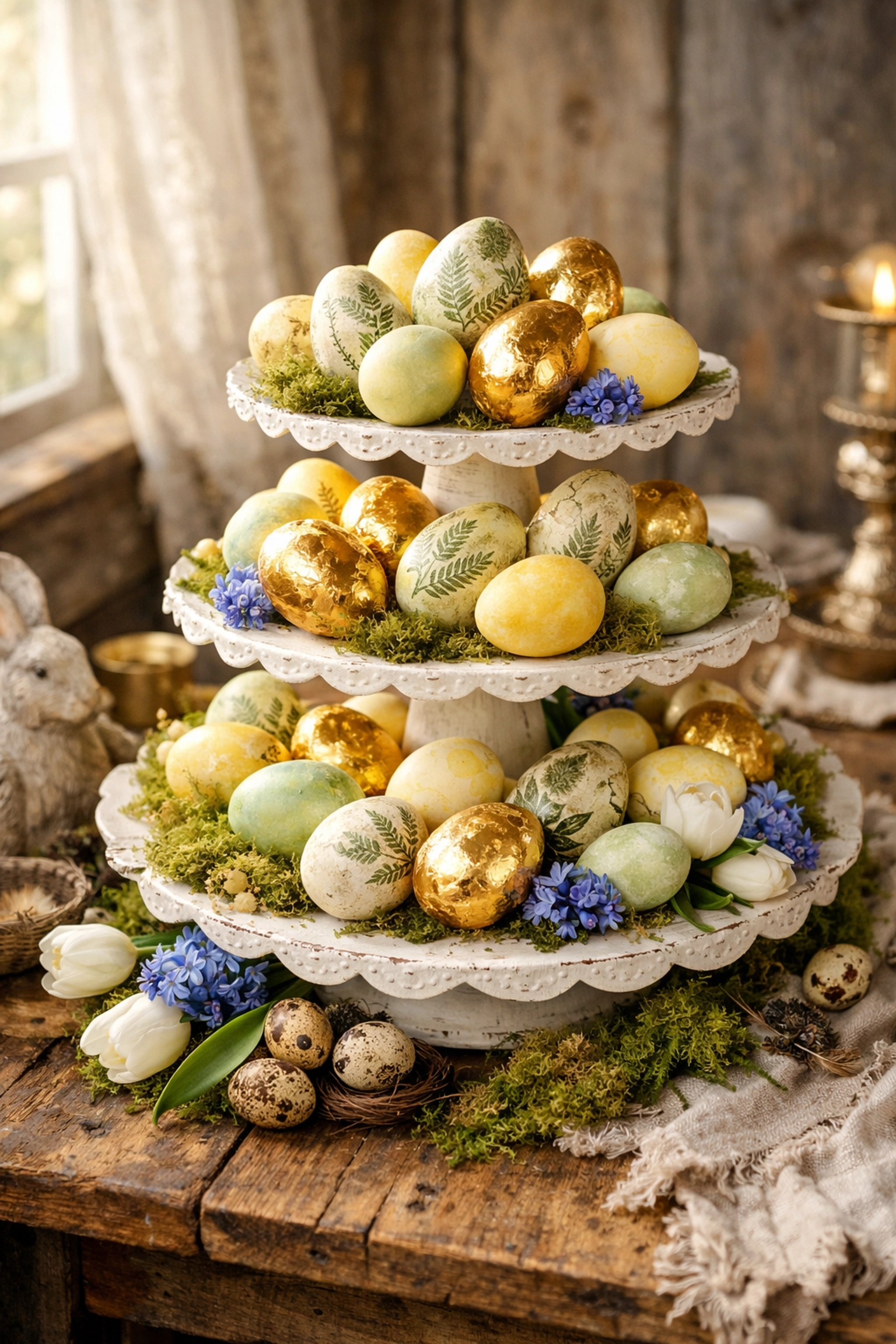 Tiered display of hand-painted Easter eggs with spring flowers and moss accents