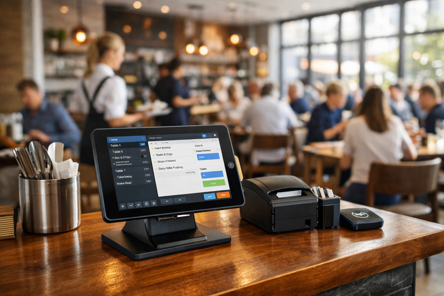 Modern restaurant POS system on counter in busy UK hospitality venue