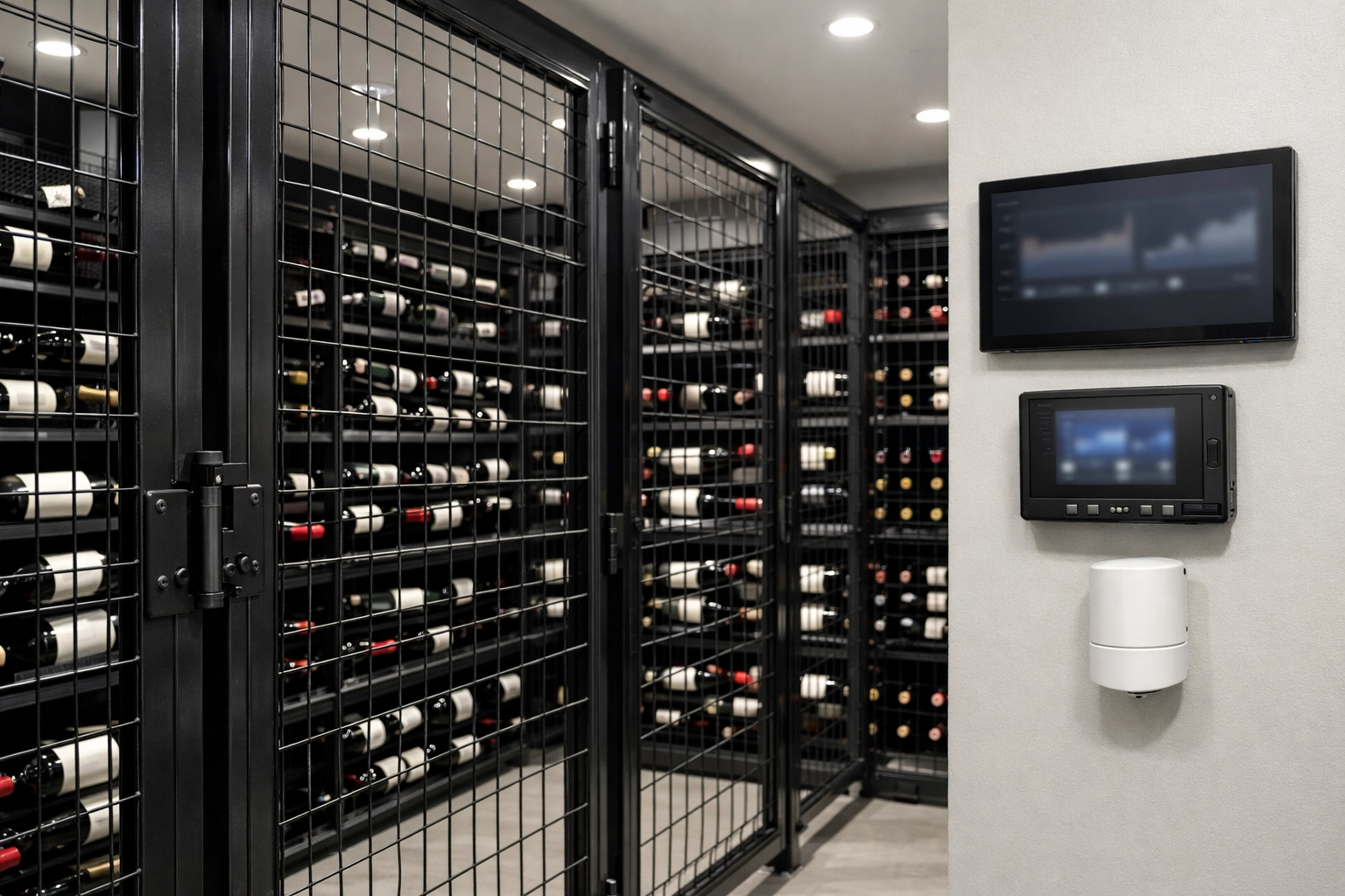 Professional wine storage vault with climate monitoring and secure racking
