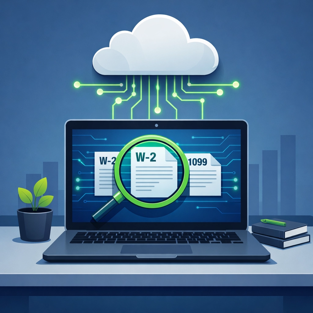 AI-powered virtual tax preparation software scanning digital forms to find hidden tax deductions.