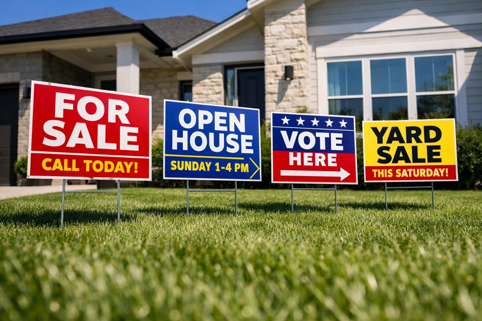 Durable custom yard signs placed in a suburban lawn for local neighborhood business marketing.