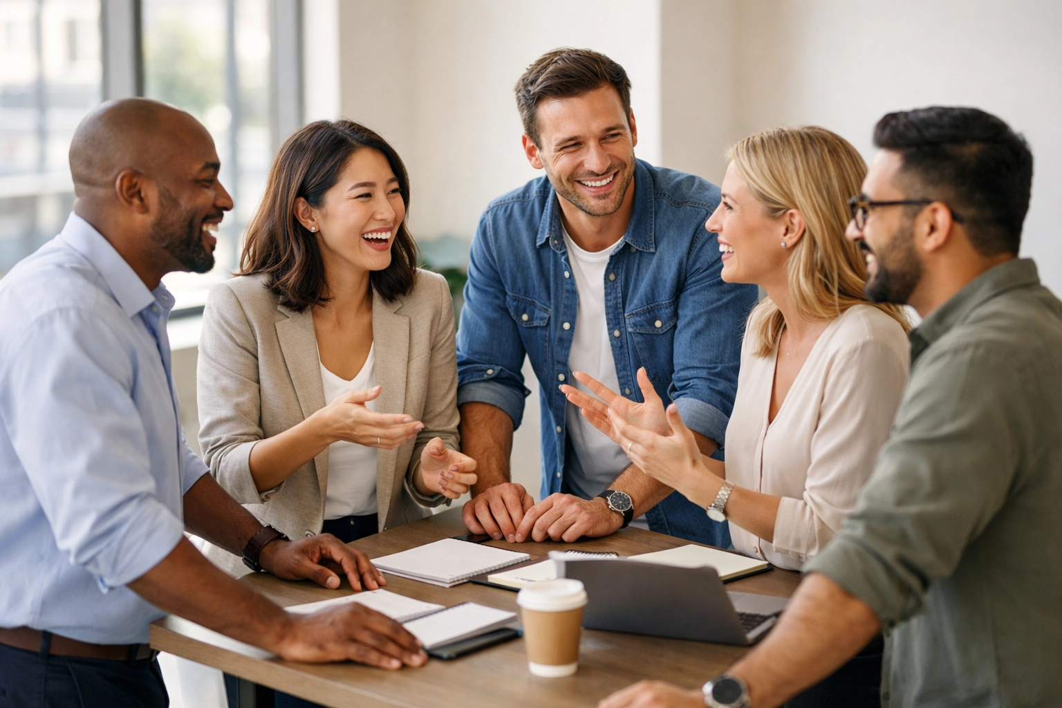 Diverse team collaborating with emotional intelligence in modern office workspace