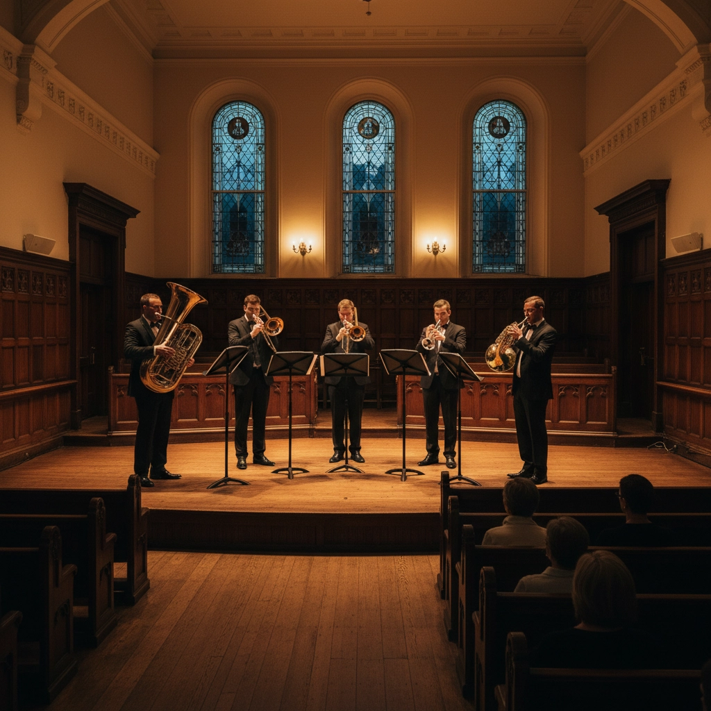 A brass quartet performing in a church, showcasing the 'Glorious Sounds of Brass' concert. A brass quartet performing in a church, showcasing the 'Glorious Sounds of Brass' concert.