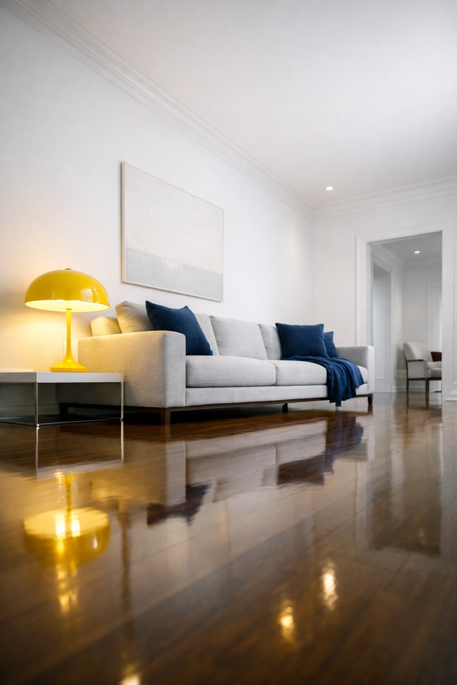 Minimalist Wellesley living room with polished floors, showcasing a clutter-free professional home cleaning.