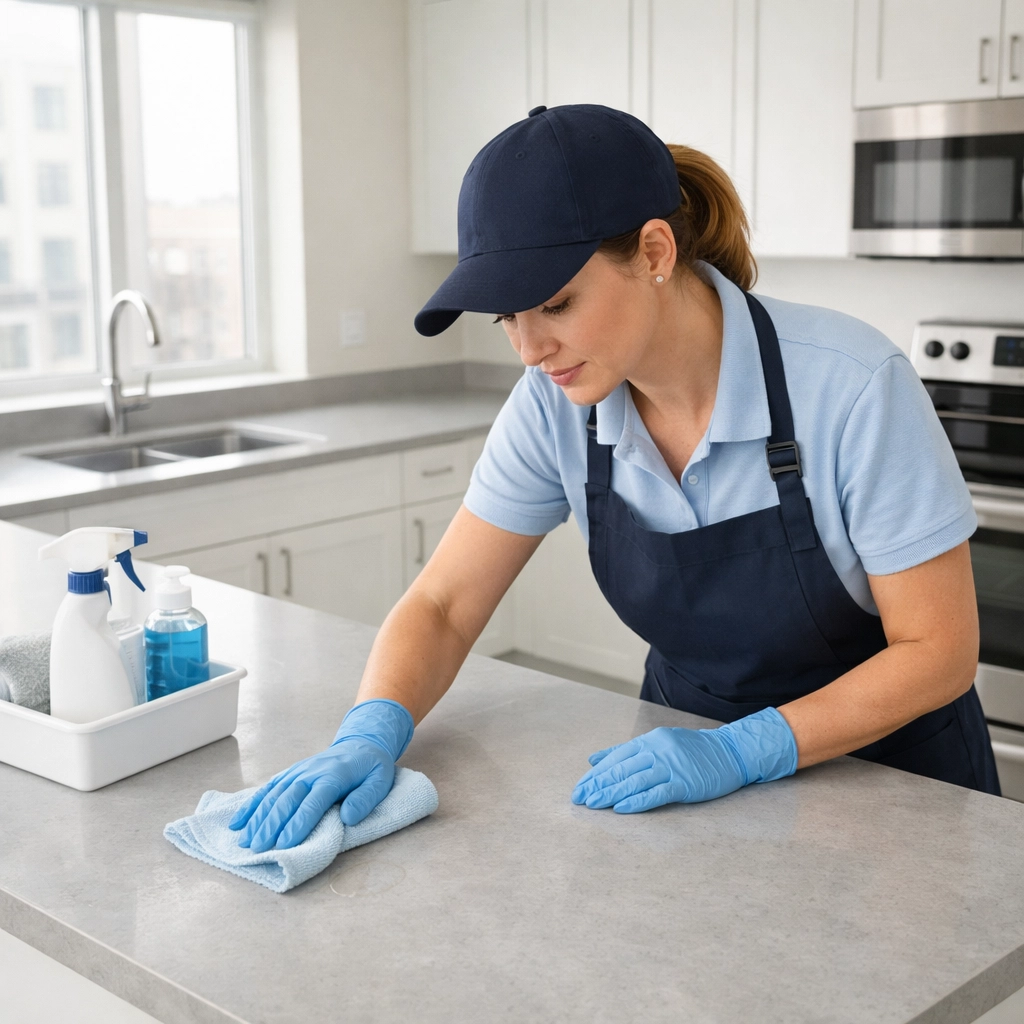 Professional cleaner carefully wiping apartment kitchen counters during turnover cleaning service