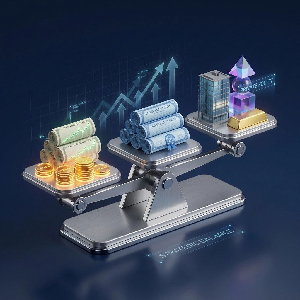 Balanced scale symbolizing 40/30/30 asset allocation with equities, bonds, and alternative investments