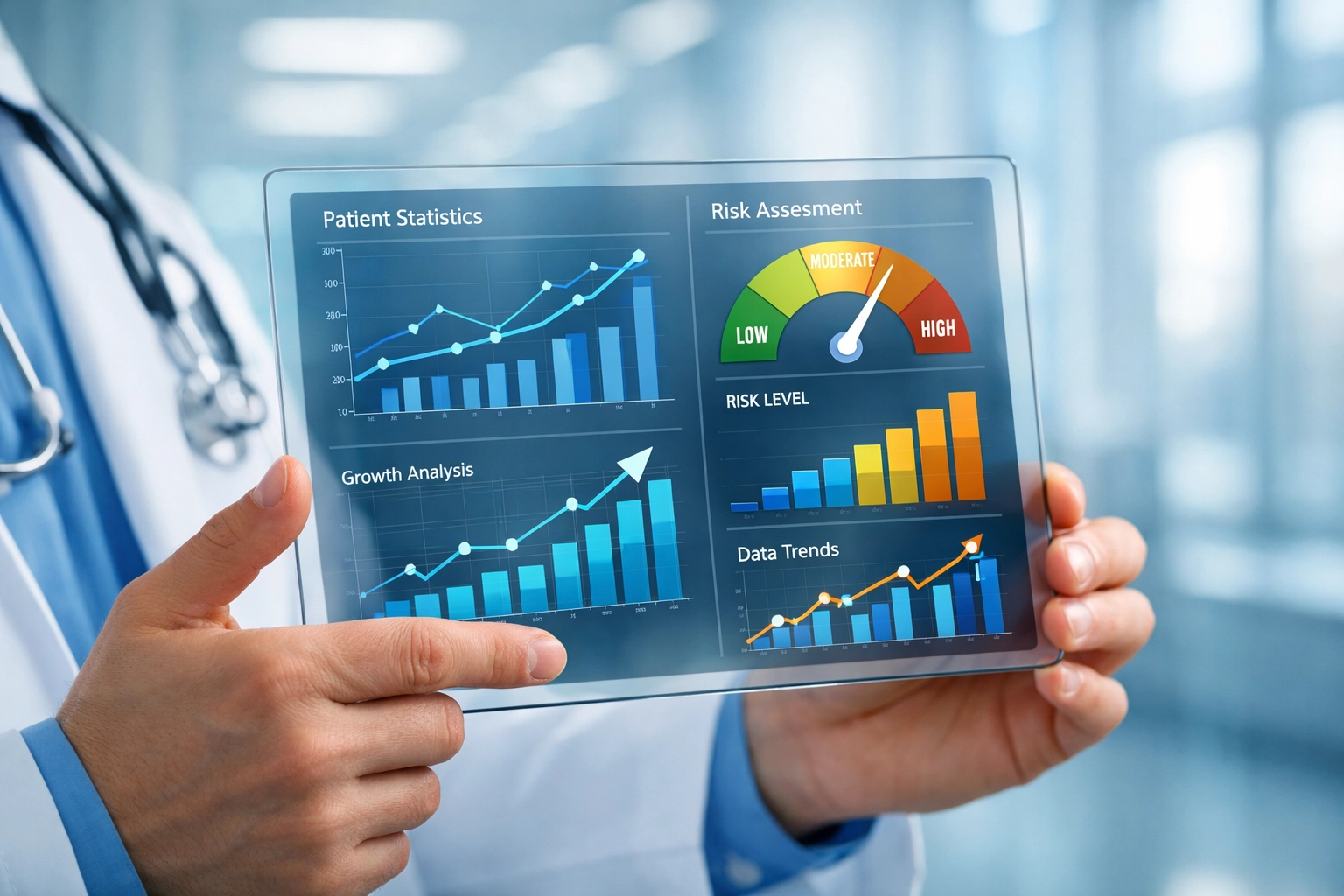 Clinician reviewing AI predictive analytics and risk assessment data on tablet for sepsis detection