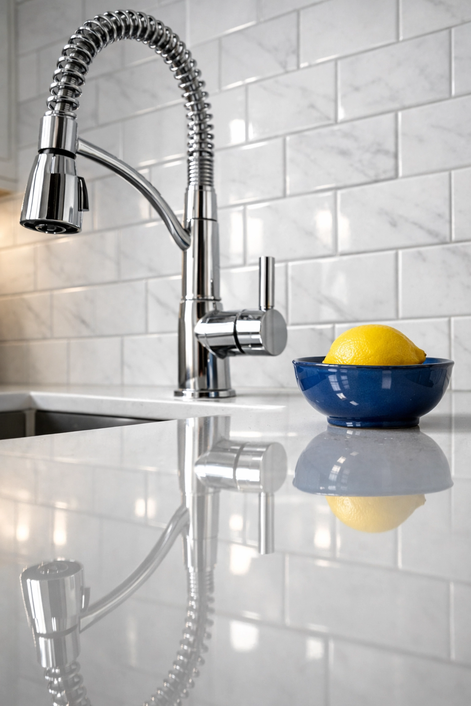 Sparkling kitchen island and quartz countertops after a professional deep cleaning house service.