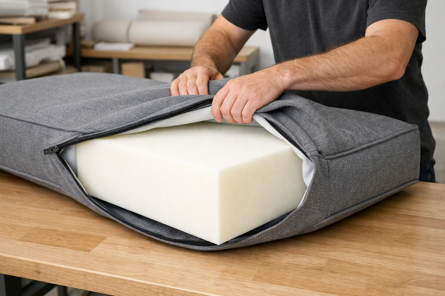 Repairing a sofa cushion by inserting precision-cut high-density foam at Stuff It Upholstery.