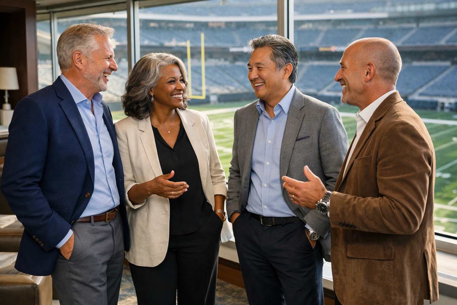 Executives networking in a VIP stadium suite to build Super Bowl brand presence and credibility.