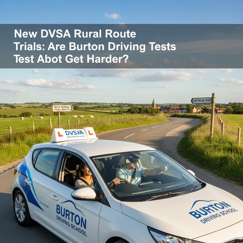 Driving instructor and student in Burton Driving School car on rural road. Sign reads "DVSA Rural Trial Route." Text above asks about harder tests.