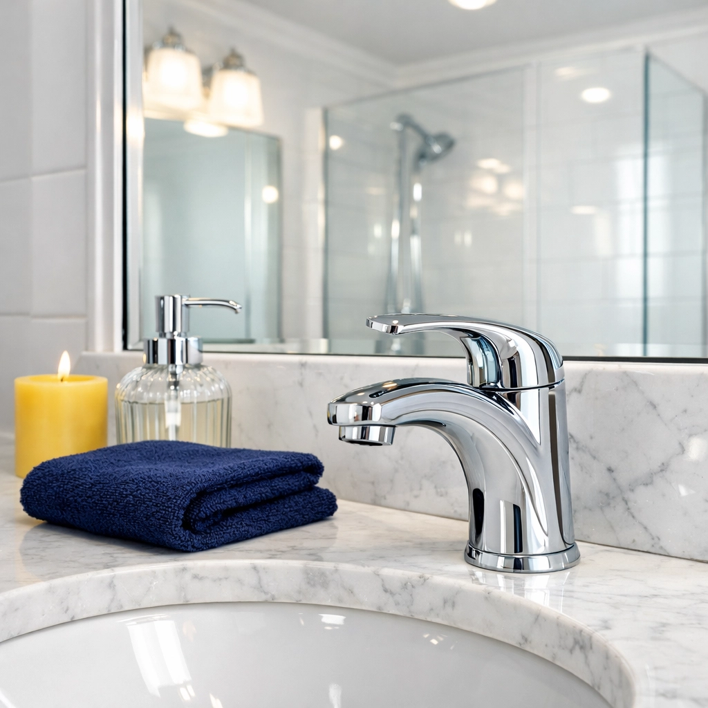 Clean luxury bathroom vanity with a sparkling mirror and organized countertop.