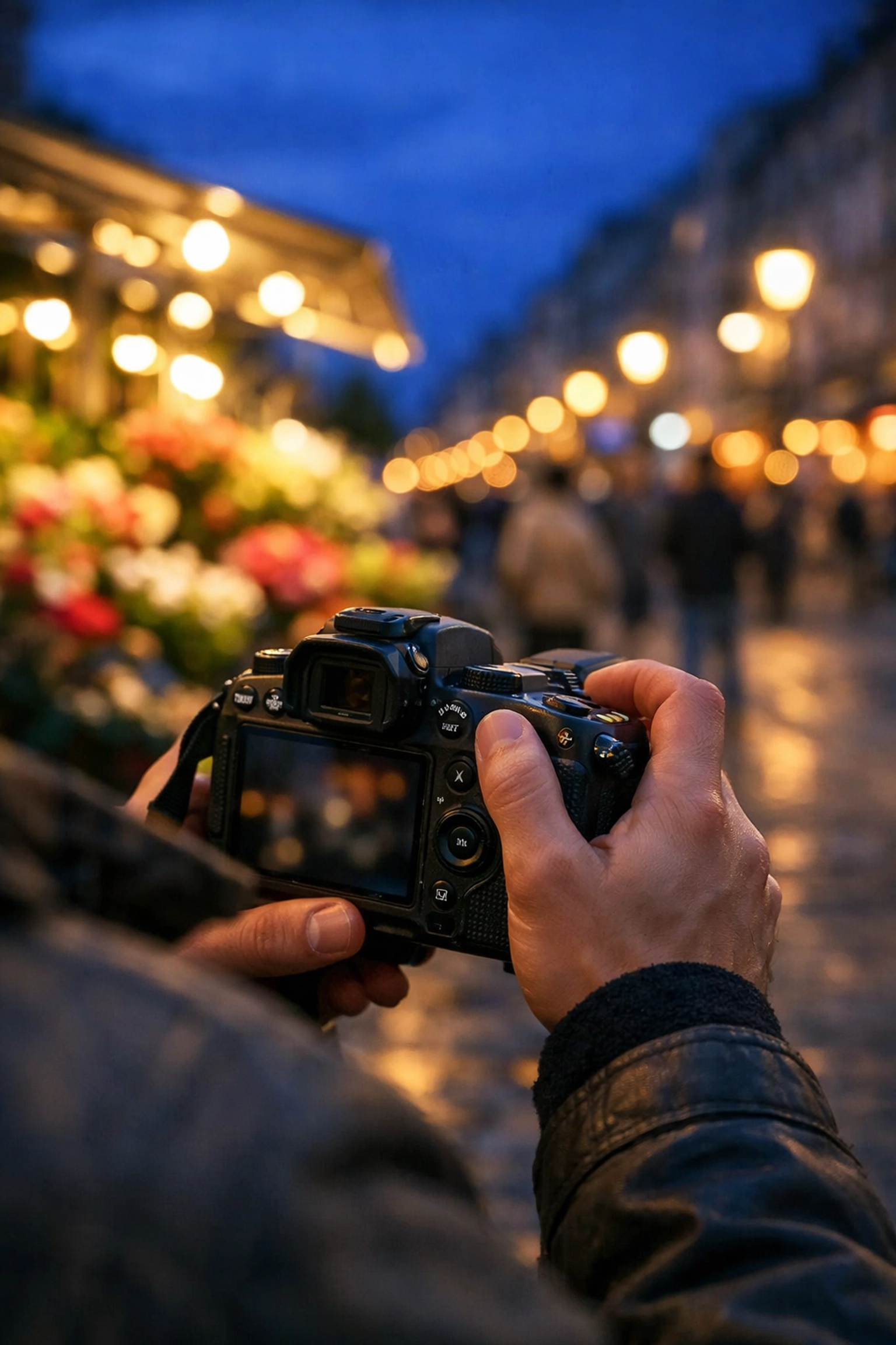 A beginner practicing street photography during blue hour to improve their camera handling and skills.
