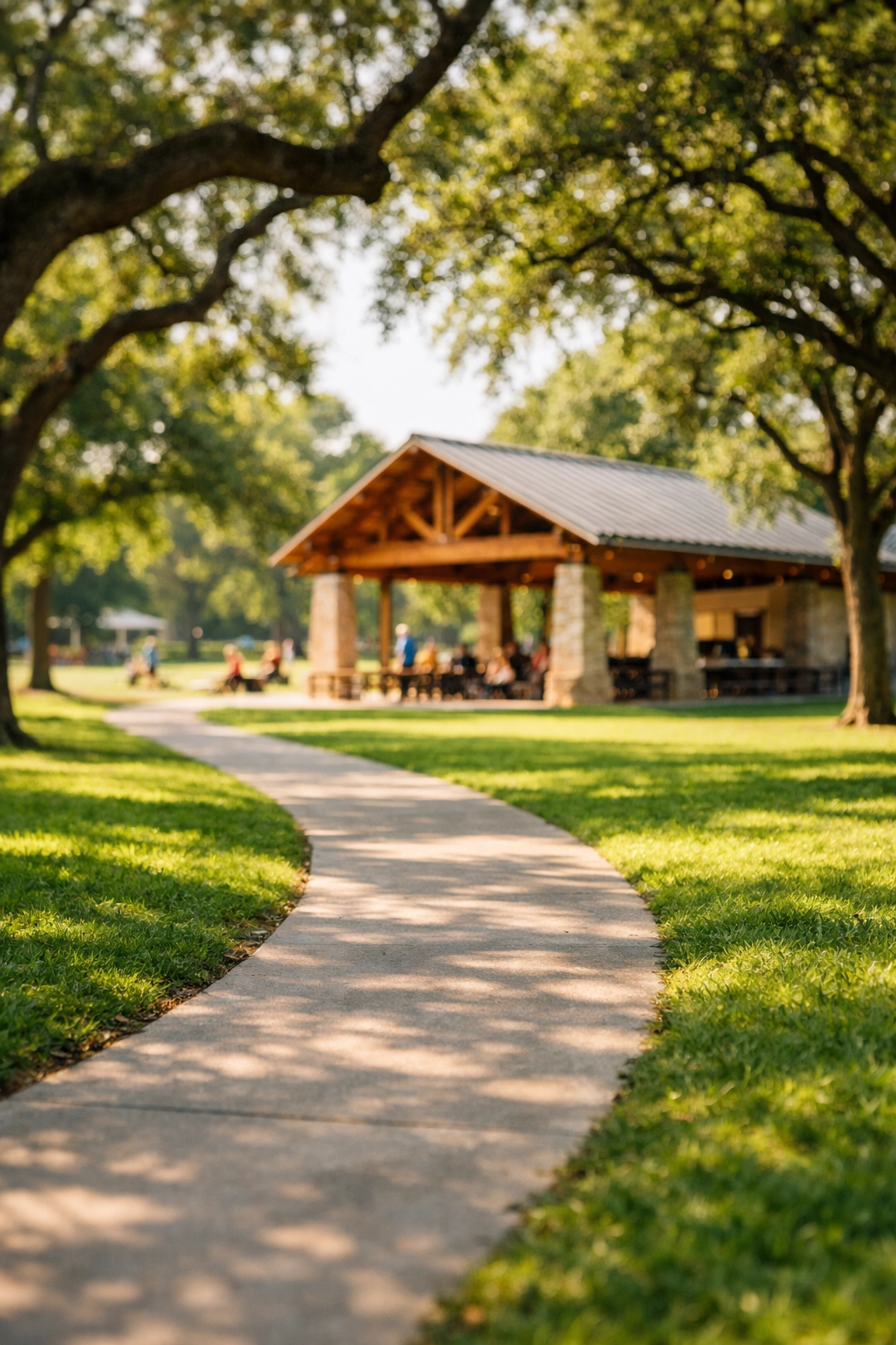 Scenic public park in the Triangle area with a greenway trail and sun-drenched pavilion.