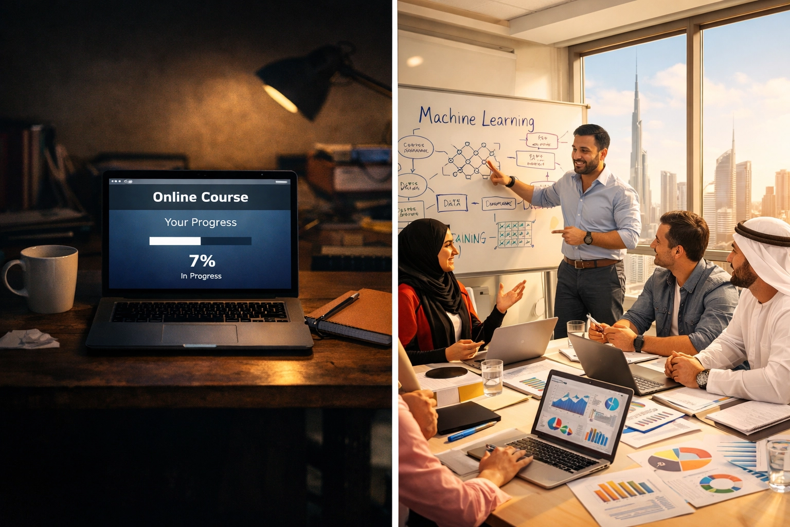 Online learning dropout vs in-person AI course Dubai classroom with engaged students and instructor