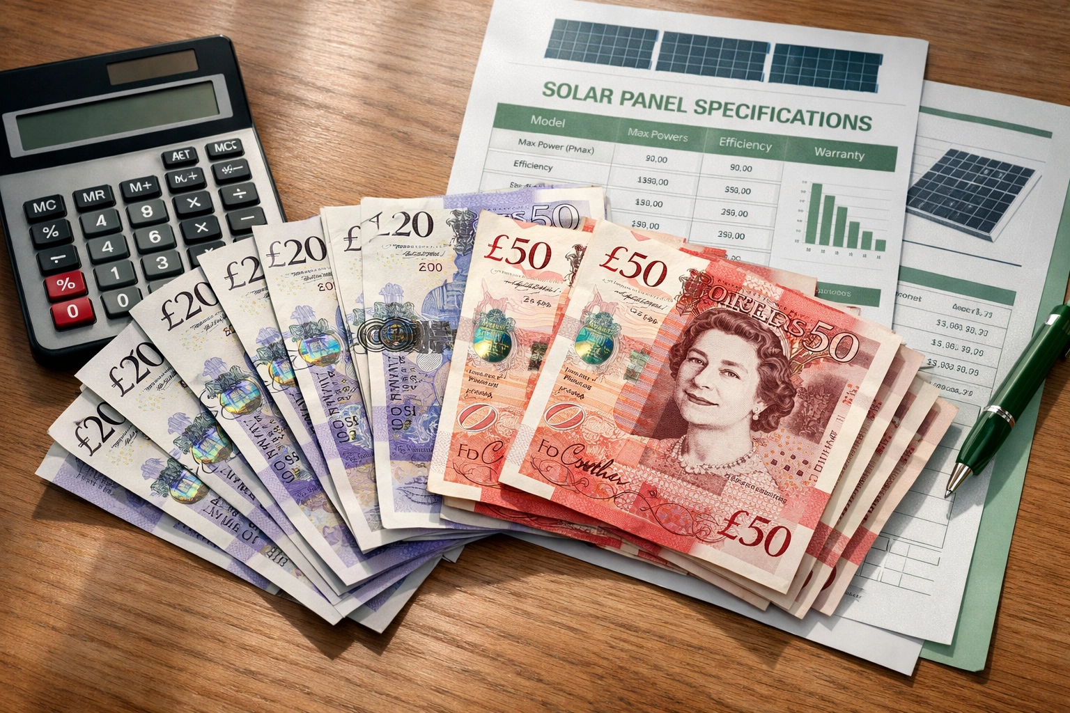 British pound notes and calculator showing solar panel installation costs in Dorset