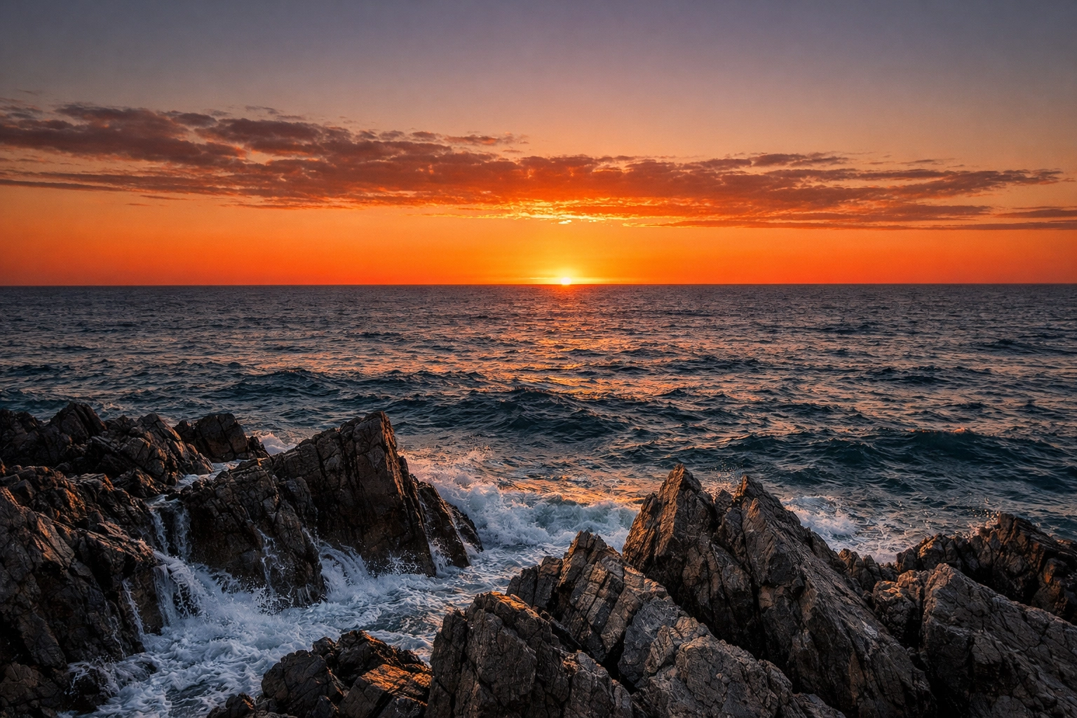 Sunset coastline with a perfectly level horizon line, demonstrating precision in landscape photography.