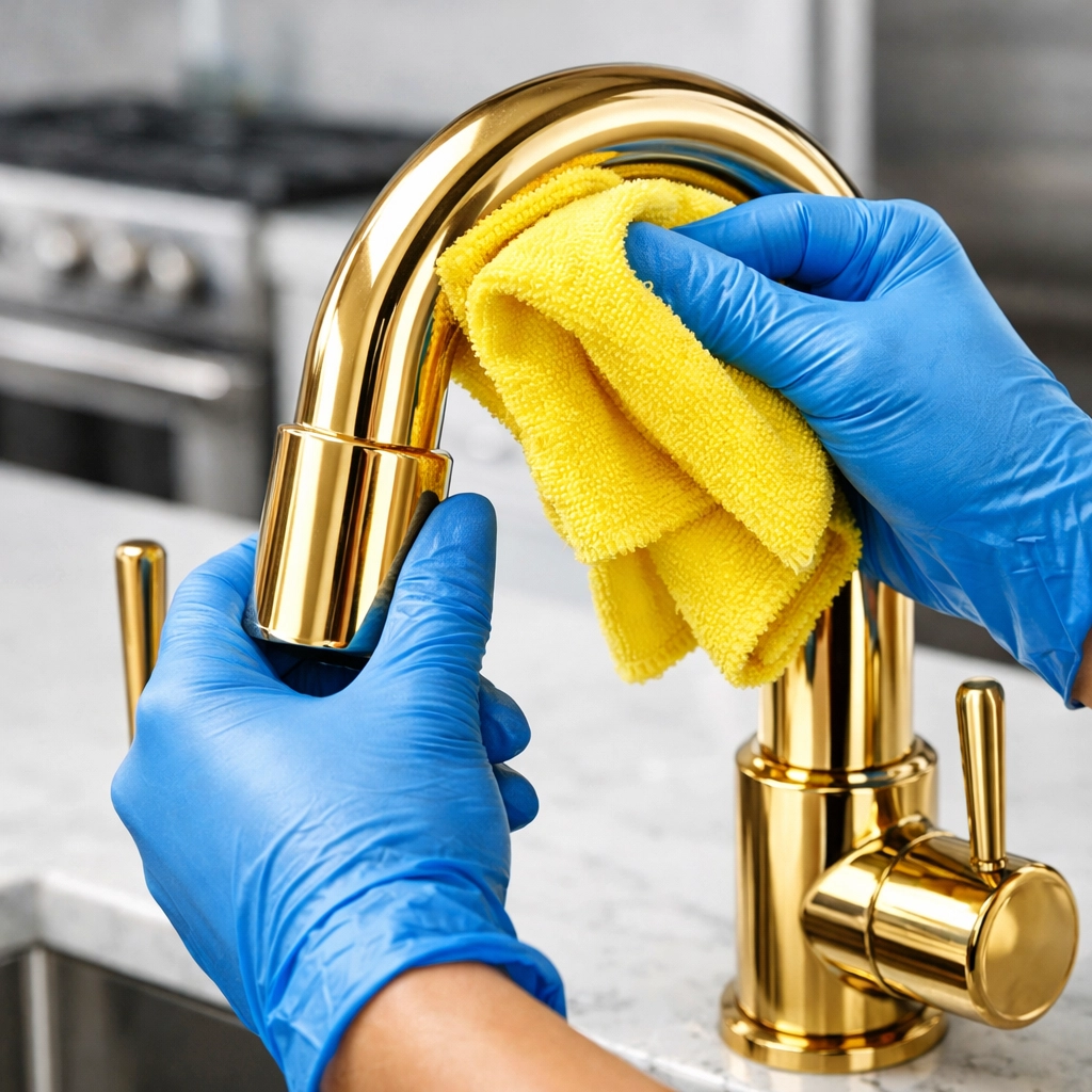 Professional residential cleaning Massachusetts focusing on detailed polishing of a luxury gold kitchen faucet.