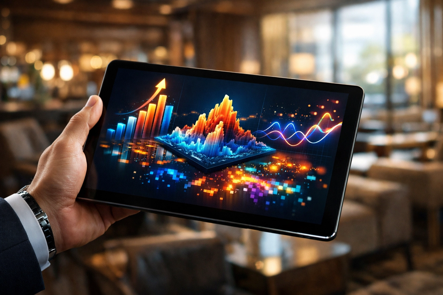 Executive tracking brand visibility data and ROI on a tablet in a luxury corporate lounge.