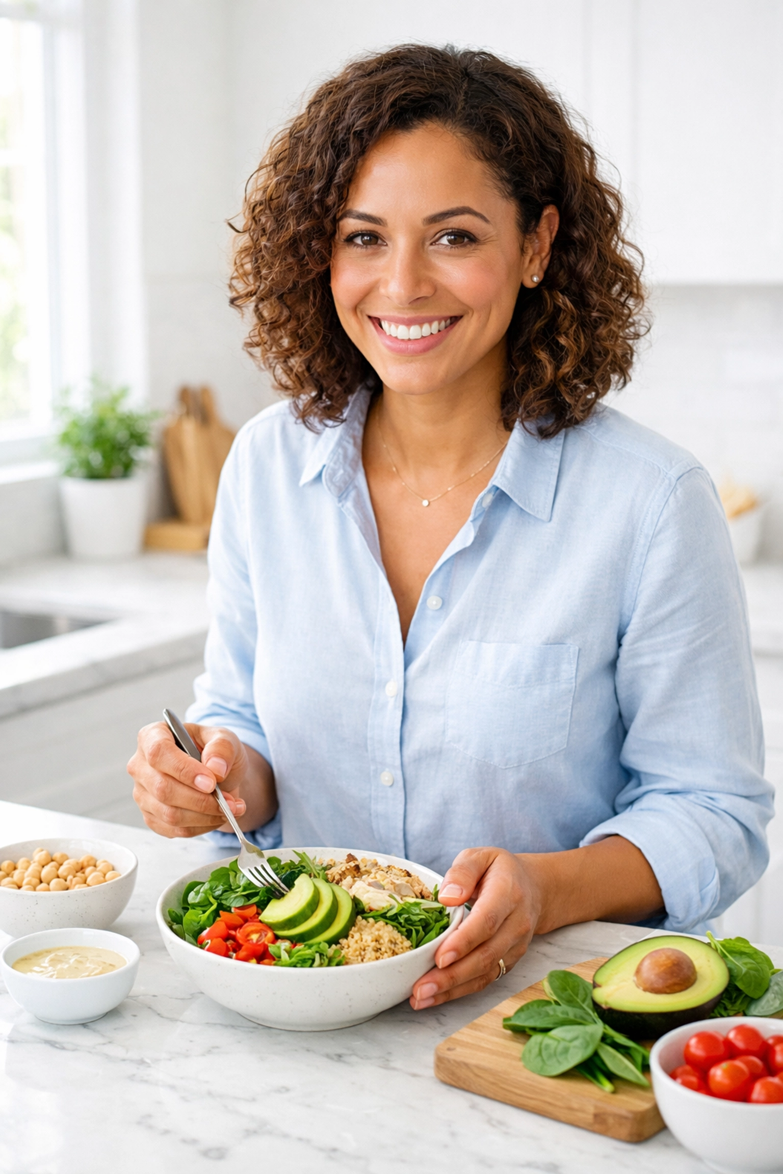 Woman preparing a protein-rich meal in a bright kitchen, representing sustainable weight loss nutrition.