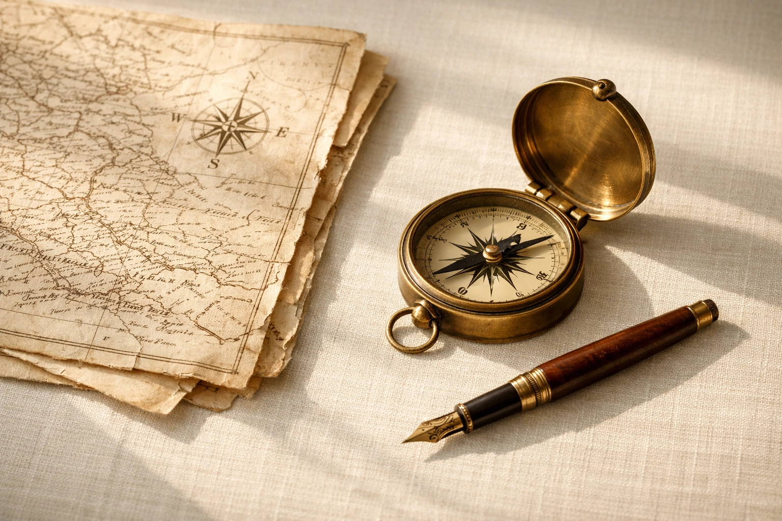 Vintage map and compass representing the research phase of personalized heritage travel journeys.