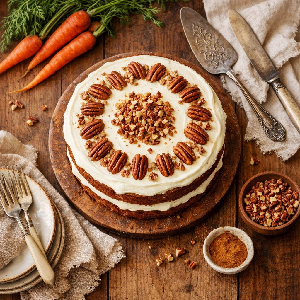 Three-layer Southern carrot cake with cream cheese frosting and toasted pecans on rustic table