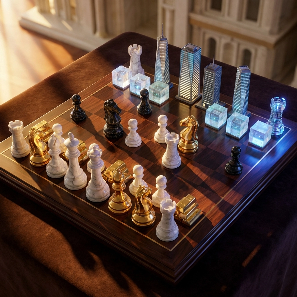 Chessboard with pieces representing stocks, real estate, gold, and crypto, highlighting strategic portfolio allocation and balancing liquidity