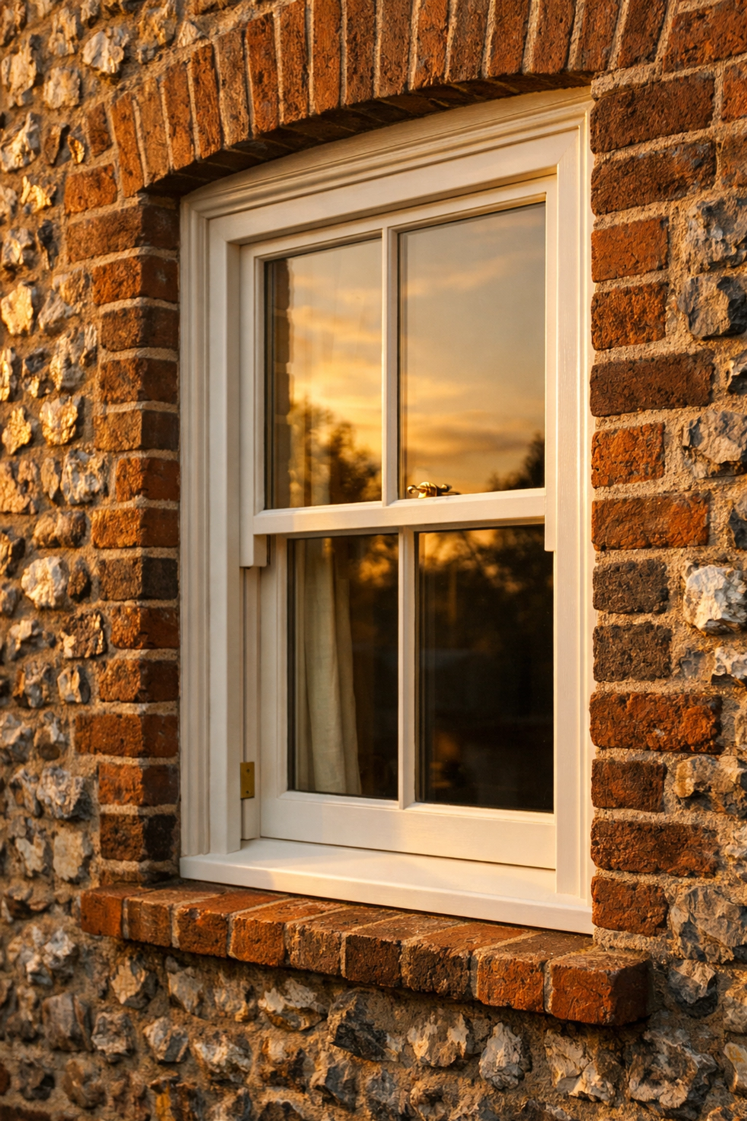 Traditional timber sash window installed in a Chichester flint and red-brick conservation area wall.