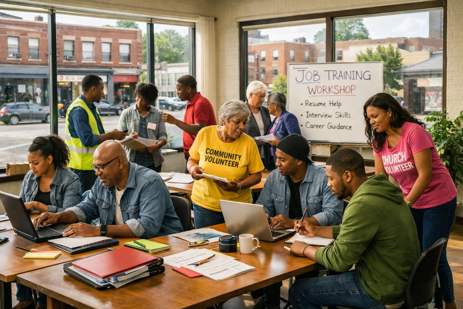 Community volunteers working together at church-led job training program