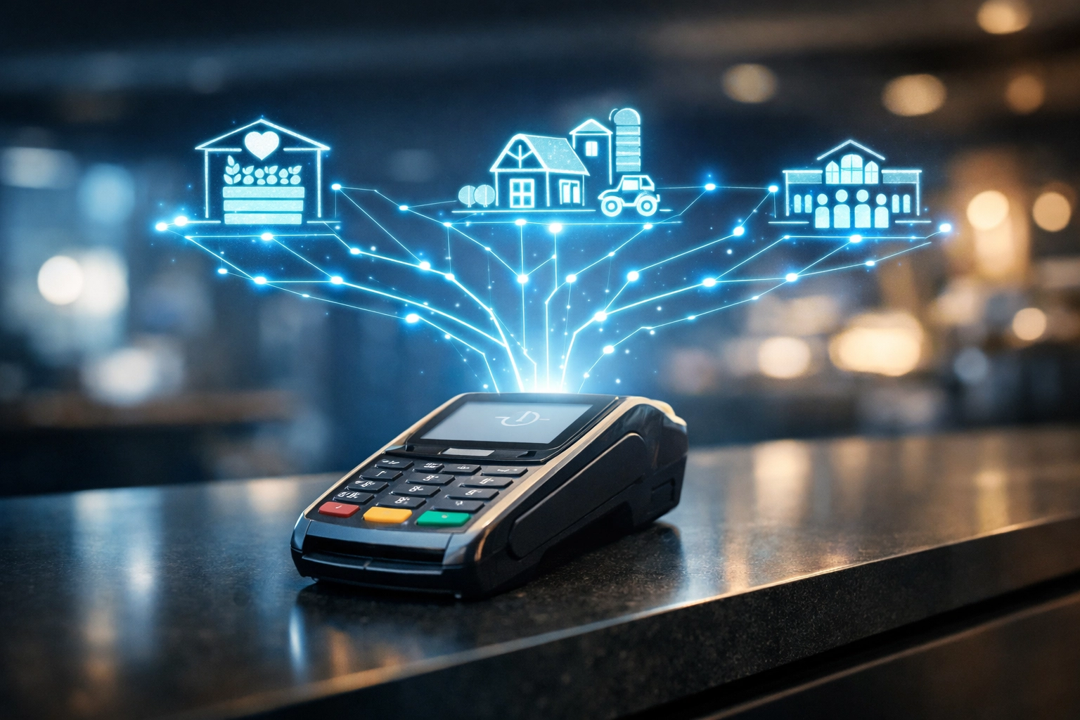 Modern crypto payment terminal connecting merchants to global charities through blockchain network