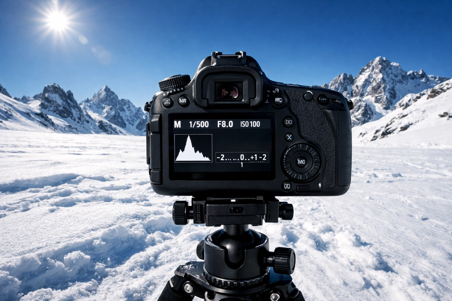 Camera on a tripod in the snow showing manual mode settings and a histogram.
