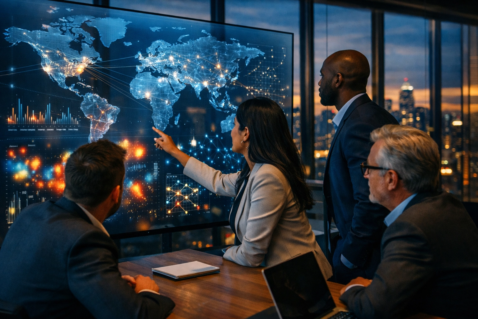 Dakdan Worldwide strategic consultants analyzing media data visualizations in a modern corporate boardroom.