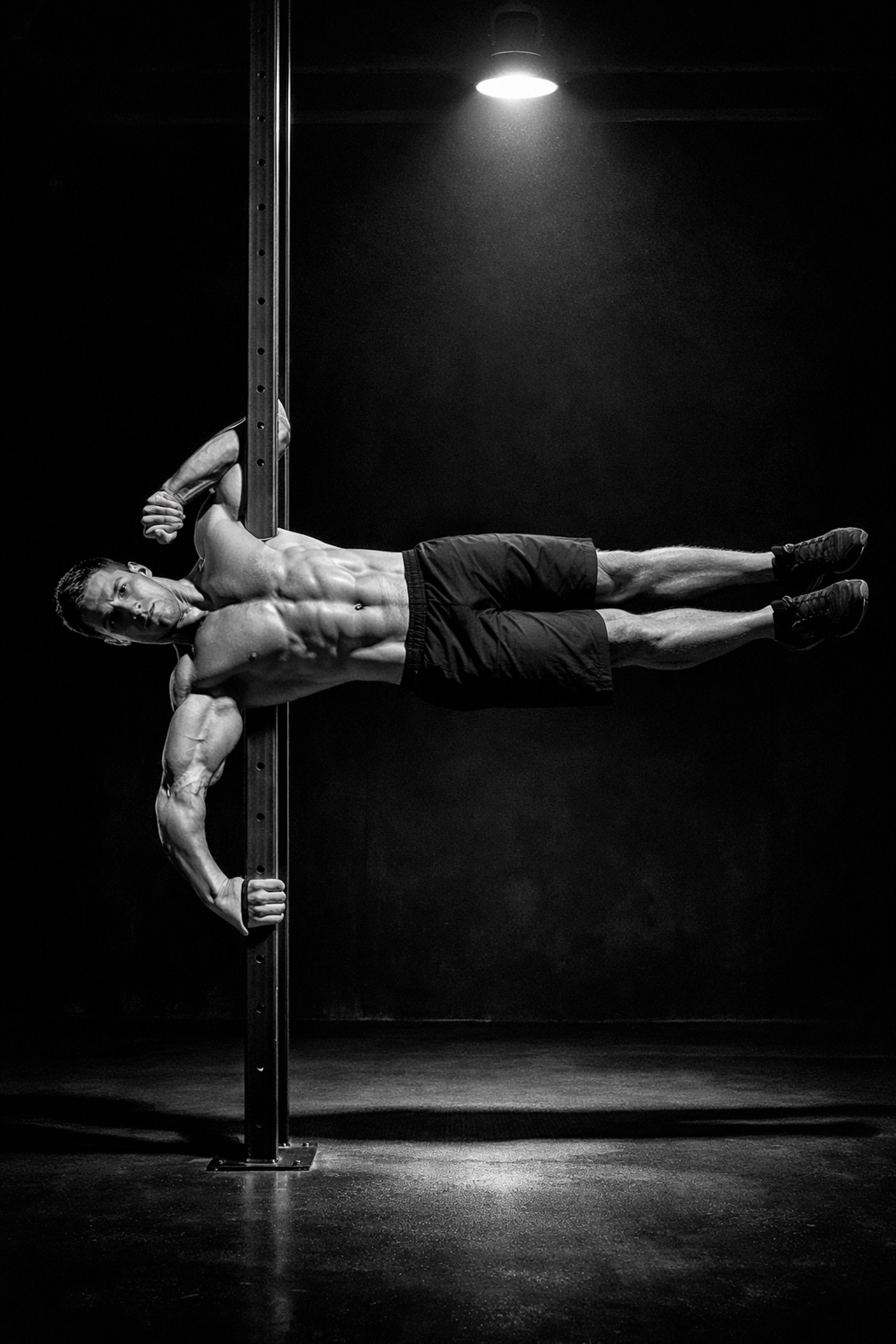 Calisthenics athlete performing a human flag on a rock-solid floor-to-ceiling gym system.