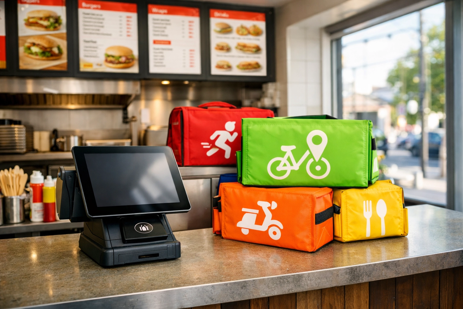Modern POS terminal at independent UK takeaway counter with delivery service bags