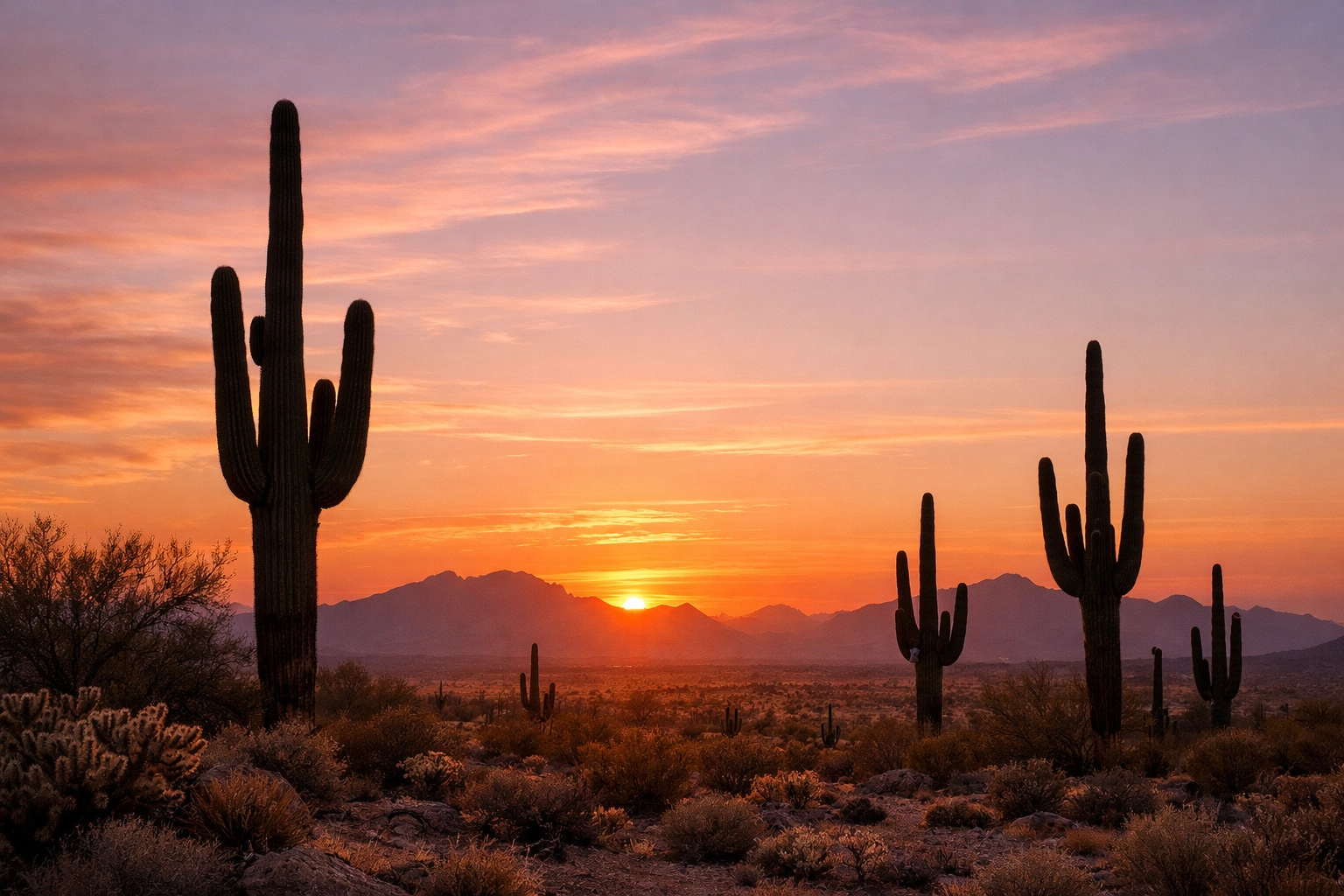 Serene Arizona desert landscape at sunset with saguaro silhouettes