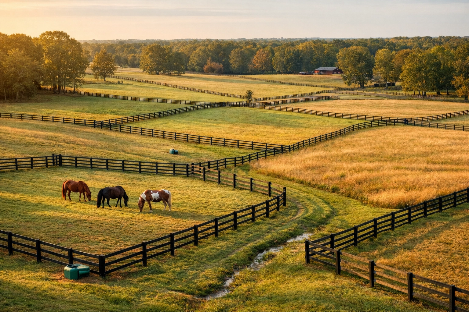 Rotational grazing pastures on Waxhaw NC horse farm with proper fencing