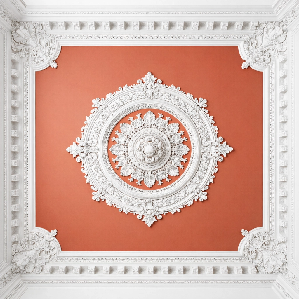 Terracotta feature ceiling with white Victorian cornicing in a Gloucestershire home.
