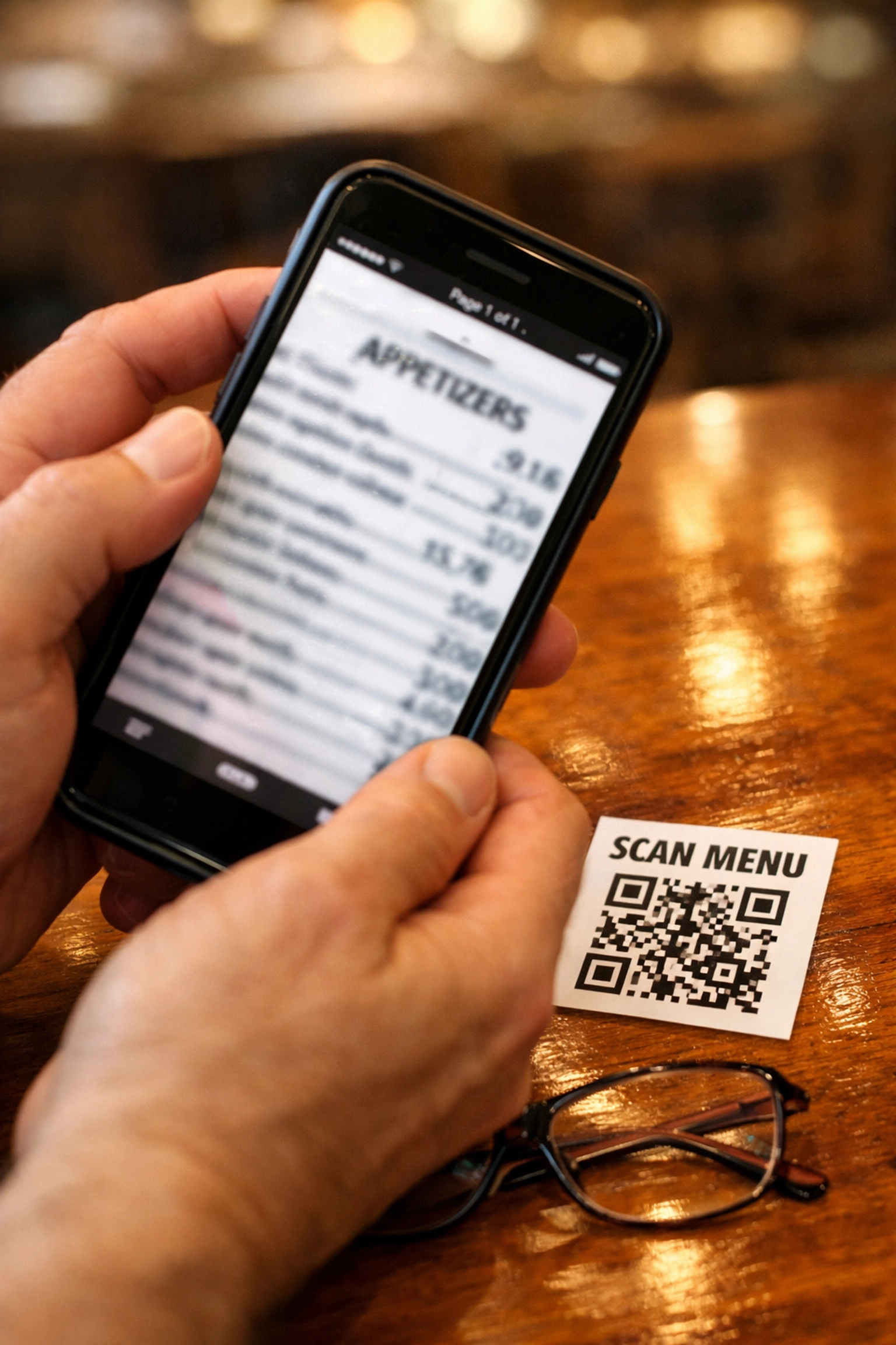 Customer struggling to scan QR code menu at restaurant table with smartphone