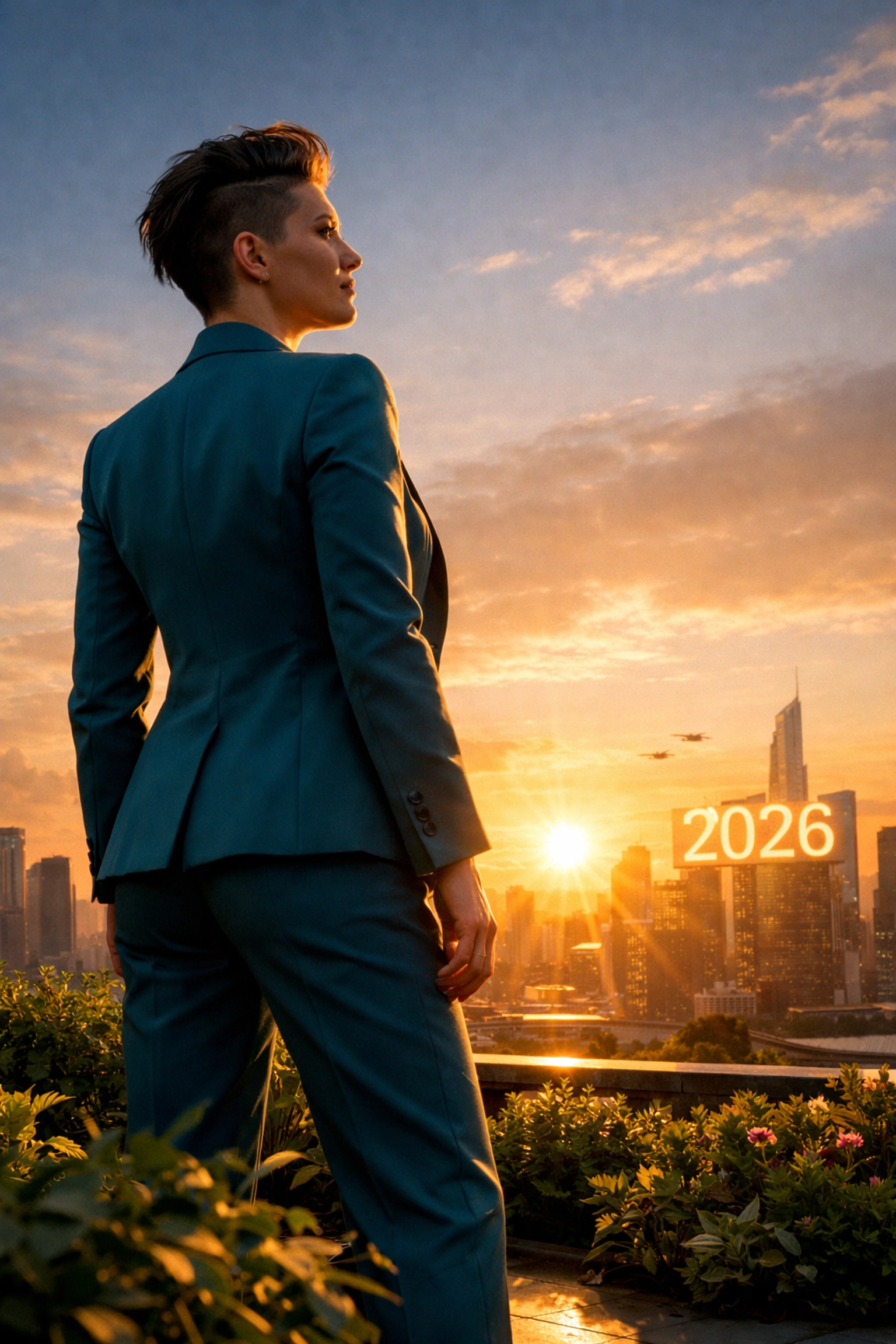 Successful lesbian professional looking over a city at sunrise, representing queer career growth and leadership.