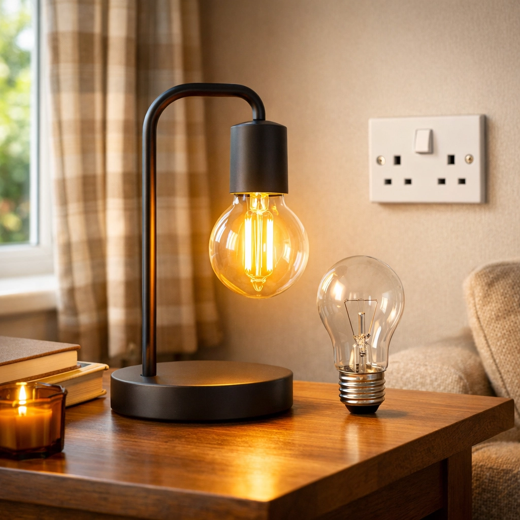 LED bulb comparison showing energy-efficient lighting savings in UK home