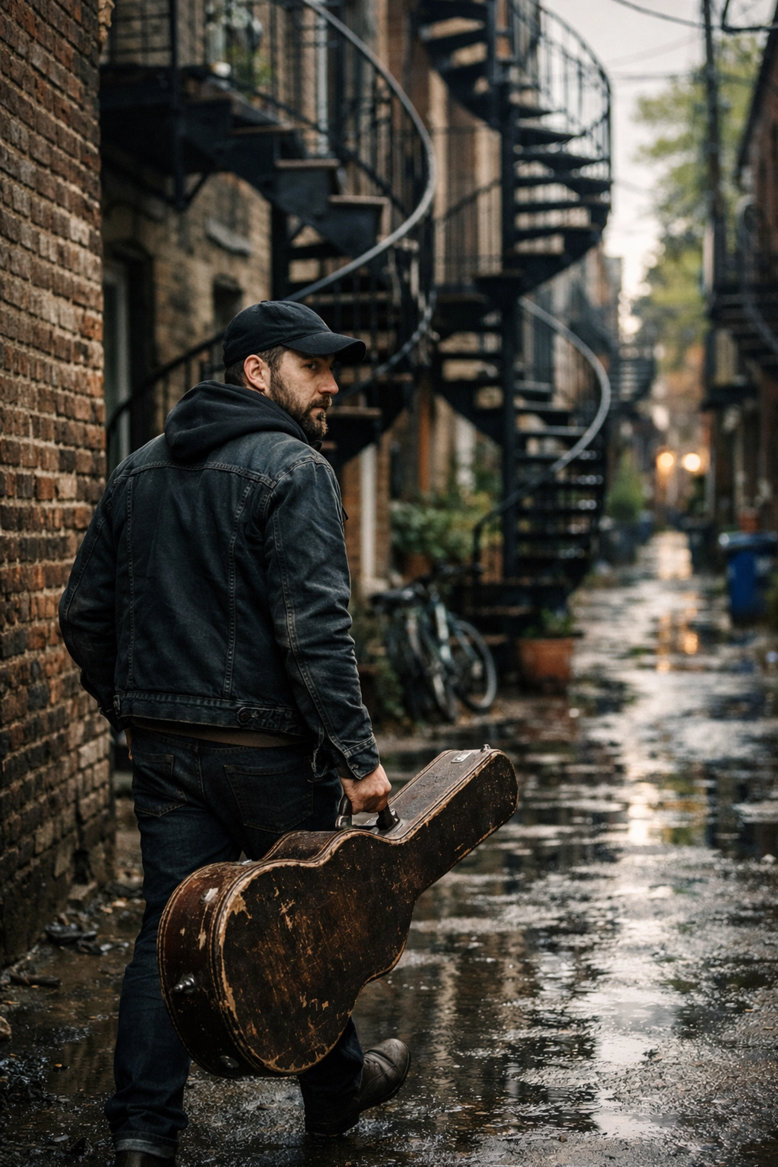 Local Montreal musician with a guitar case in a classic alleyway with iron spiral staircases.