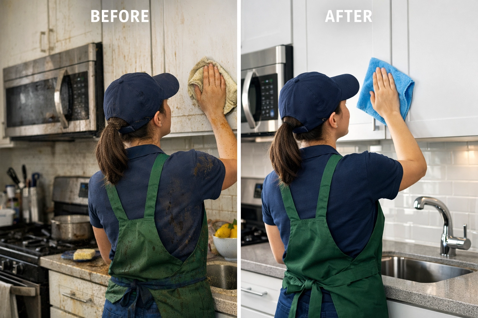 Professional cleaner performing make-ready cleaning service in apartment kitchen during turnover