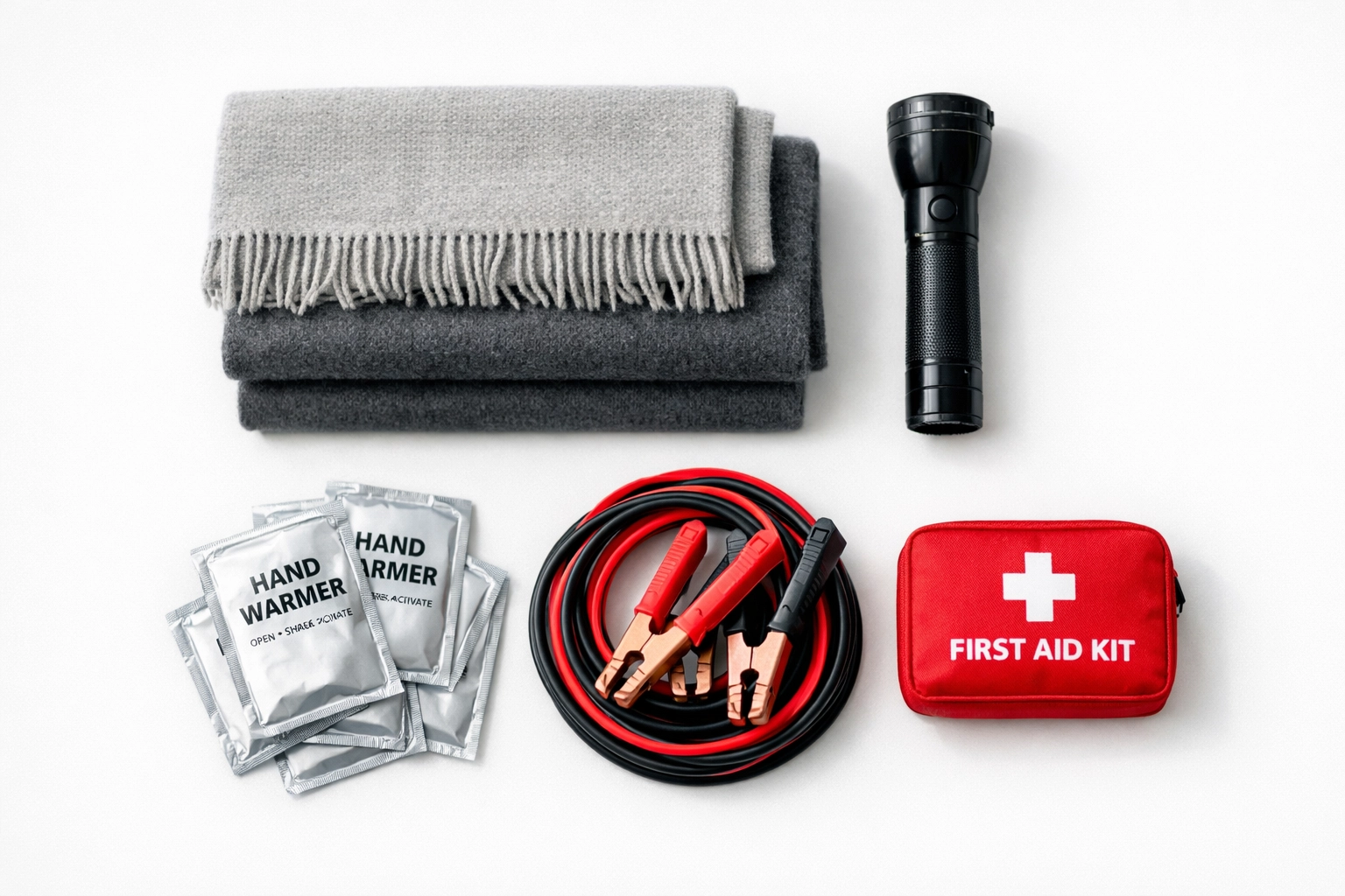 Mobile notary emergency winter kit with blankets, flashlight, hand warmers and first aid supplies