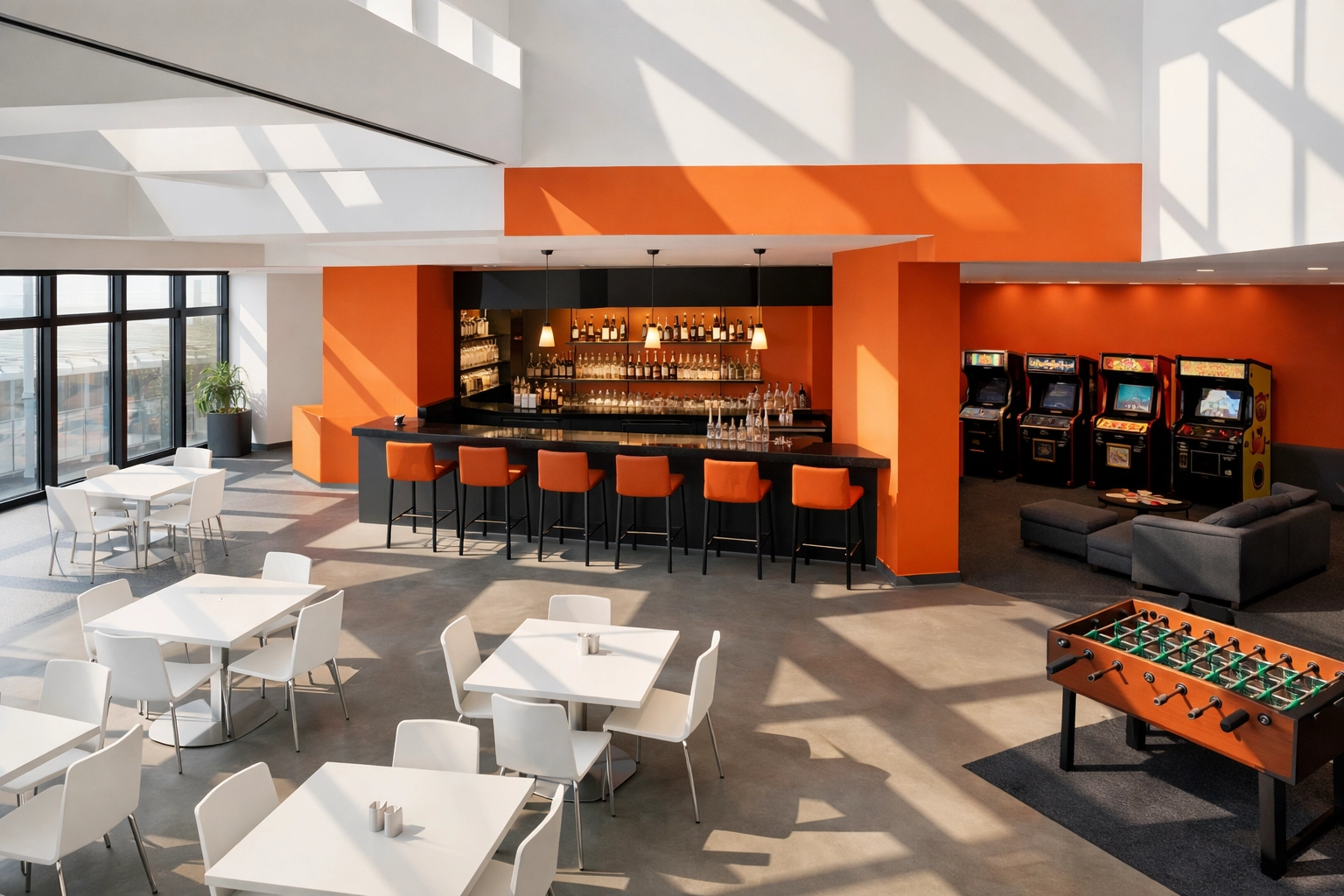 Contemporary San Francisco restaurant with bar, dining, and game lounge areas