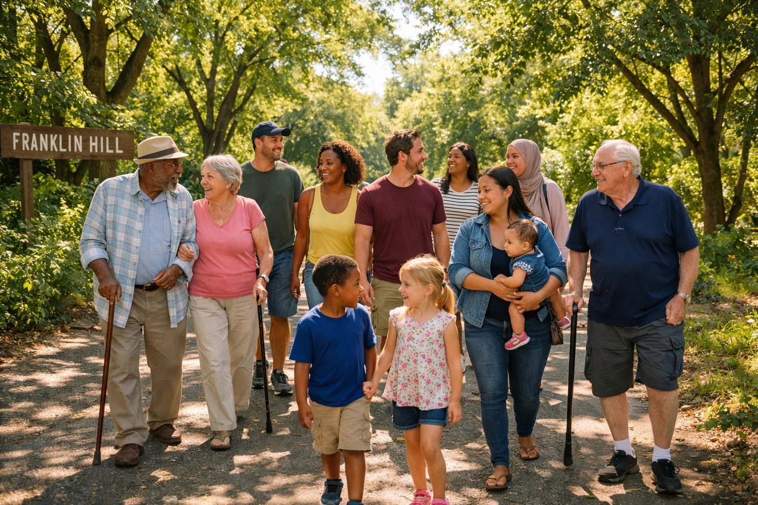 Diverse intergenerational group of neighbors walking together at Franklin Hill in Dorchester.
