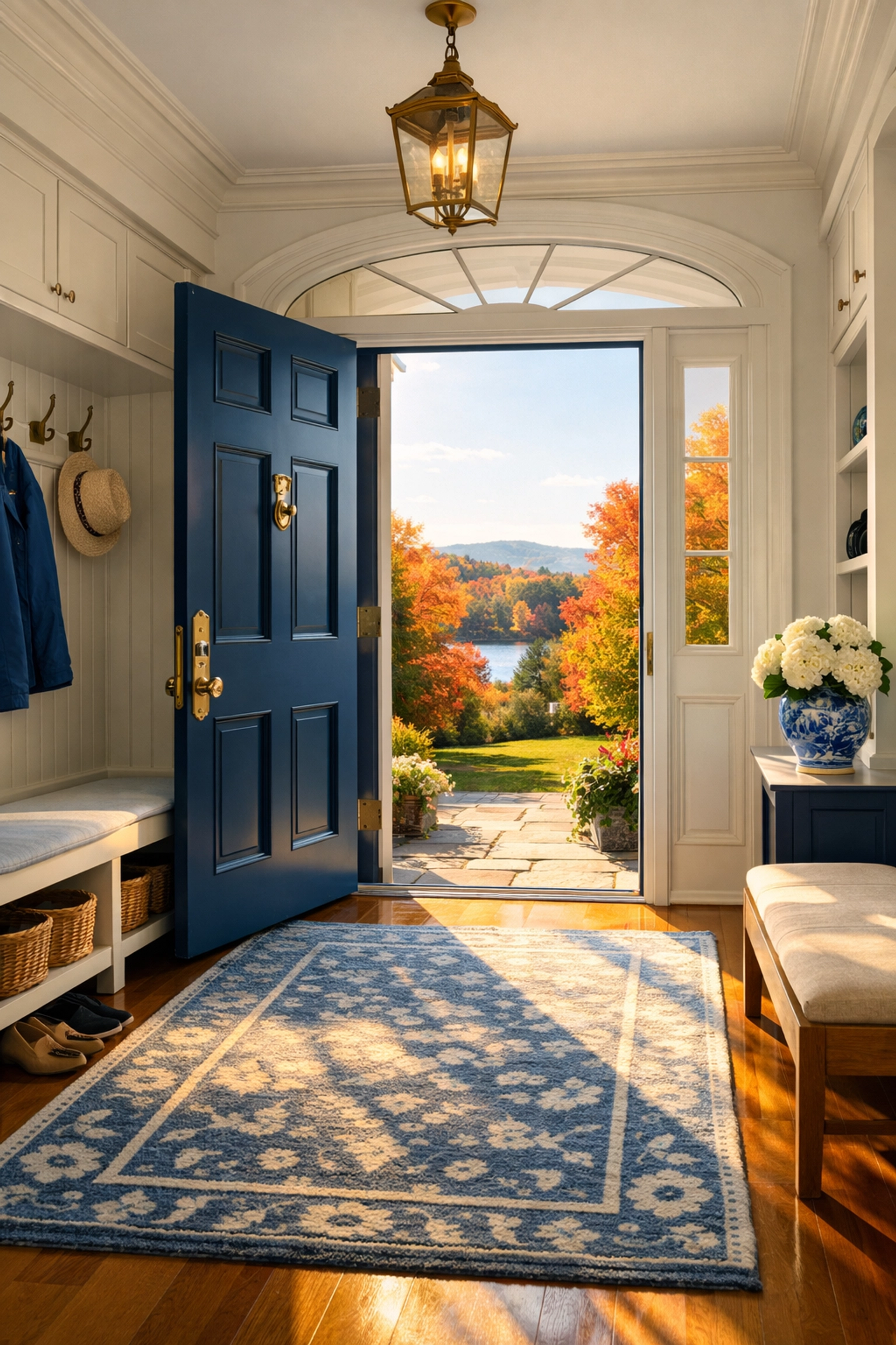 Clean entryway of a Massachusetts historic home with polished floors protected from seasonal salt and mud.