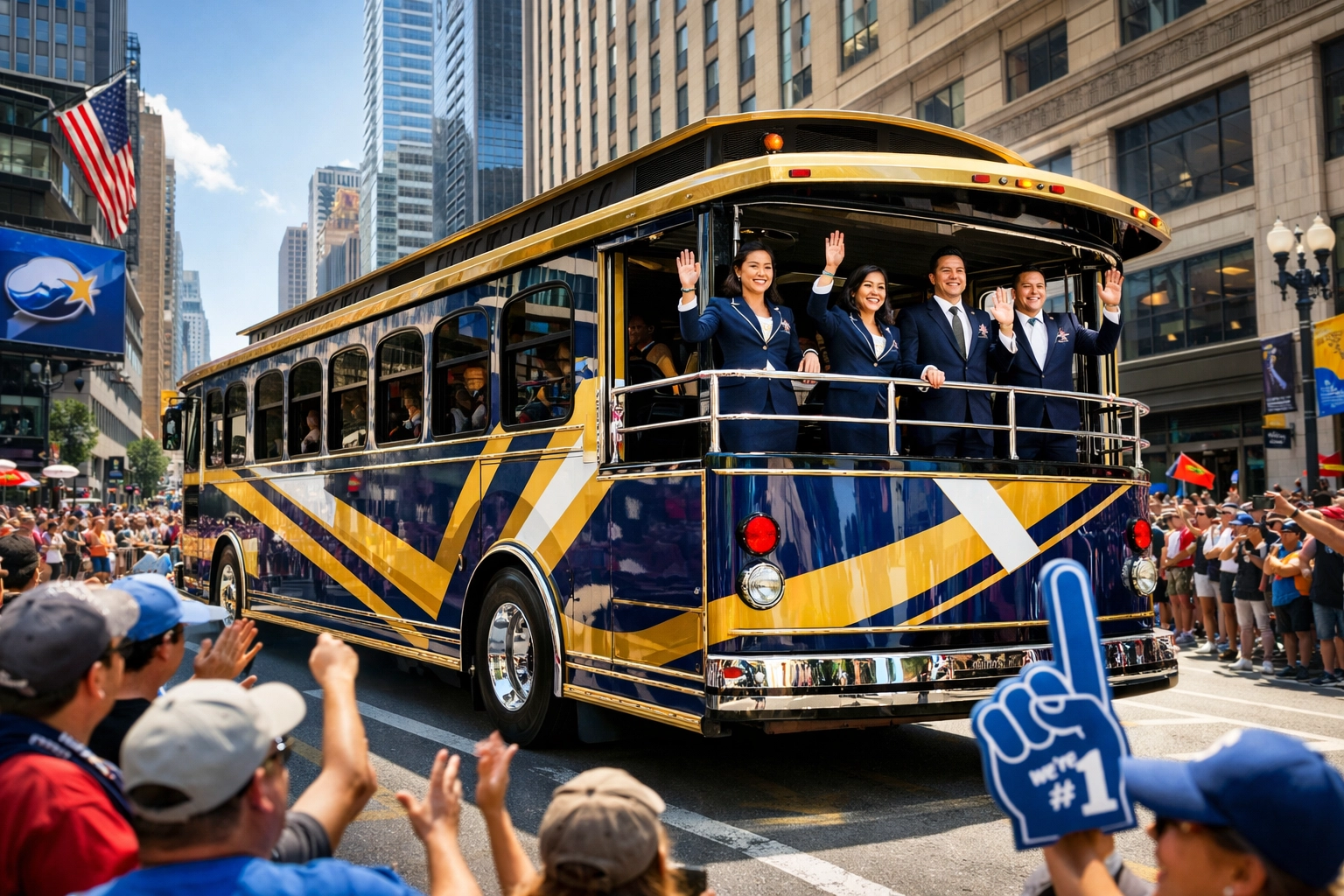Branded luxury trolley bus and ambassadors engaging with crowds during a Super Bowl event.