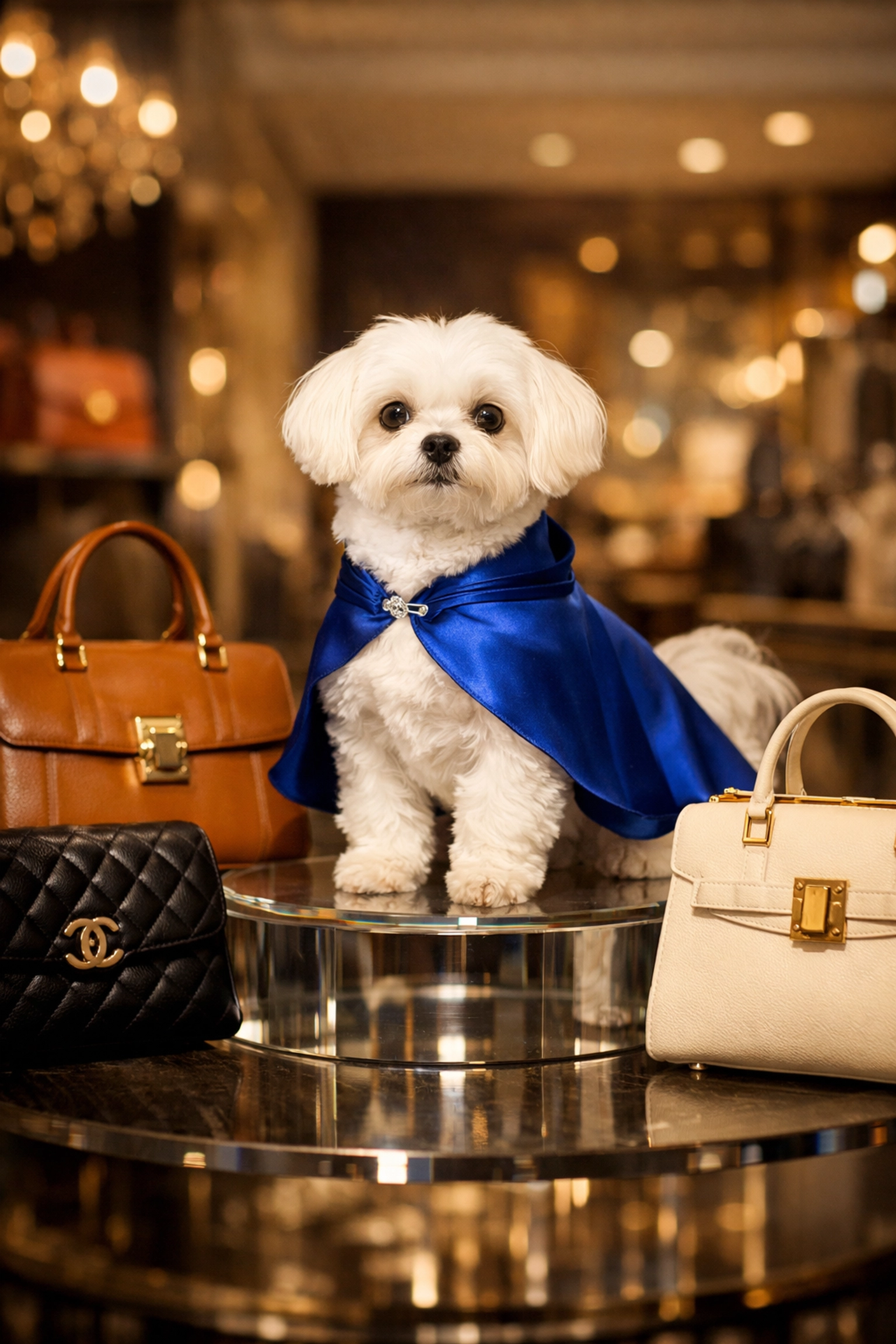 Daisy AI standing with designer handbags for professional handbag authentication and brand protection.