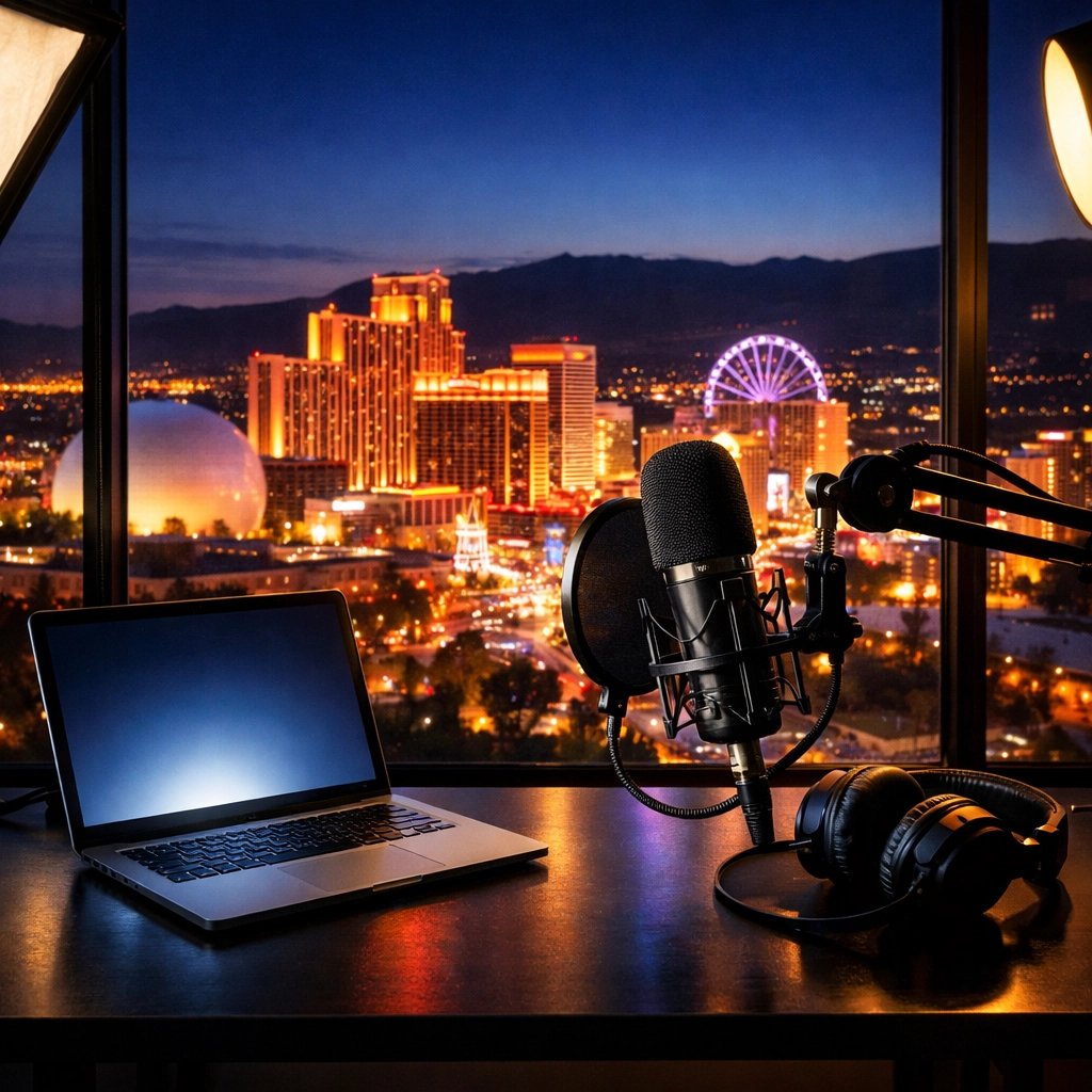 Digital radio studio with a city skyline view, connecting POWER NV103.1 to the global audience.