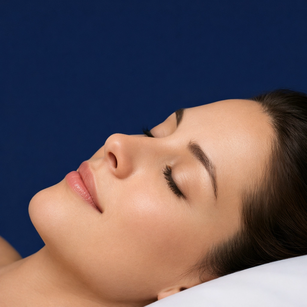 Person sleeping peacefully through the nose to improve CO2 tolerance and recovery.